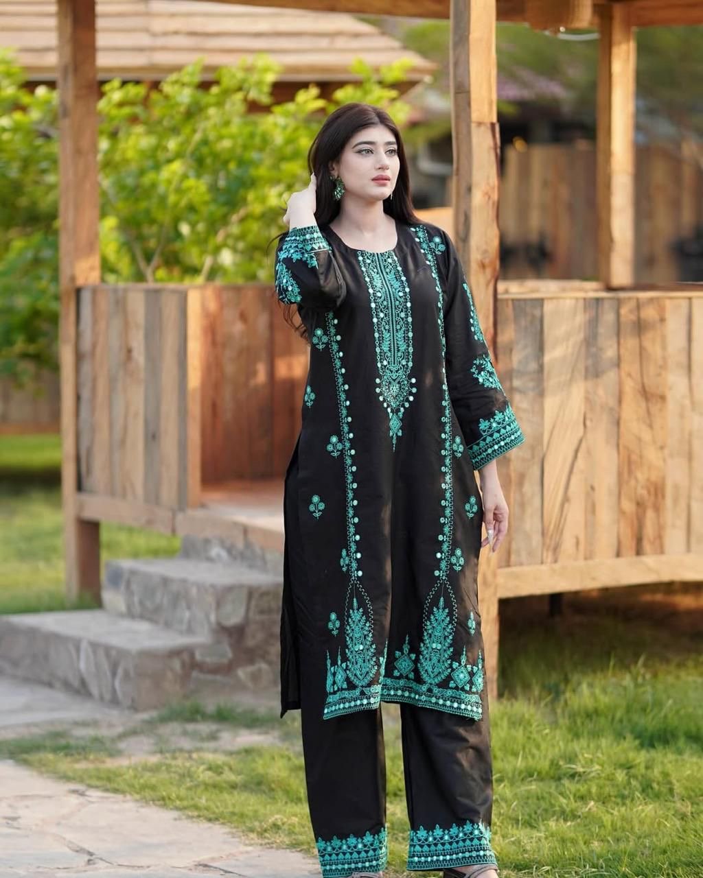 Zeenat Luxury Worked 3pc Set Roman Silk - Chikankari official