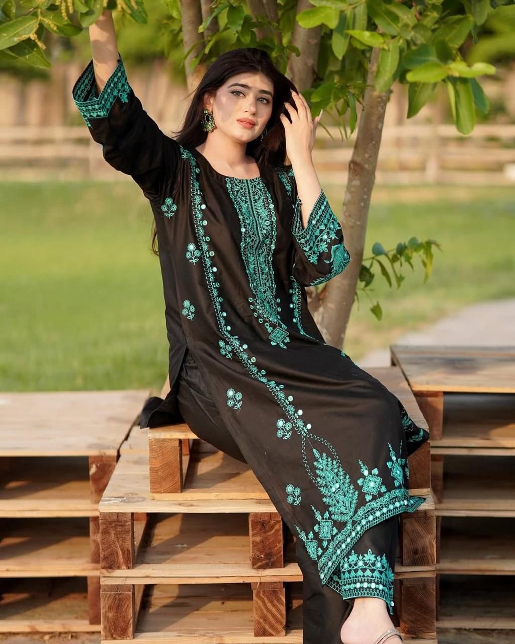 Zeenat Luxury Worked 3pc Set Roman Silk - Chikankari official