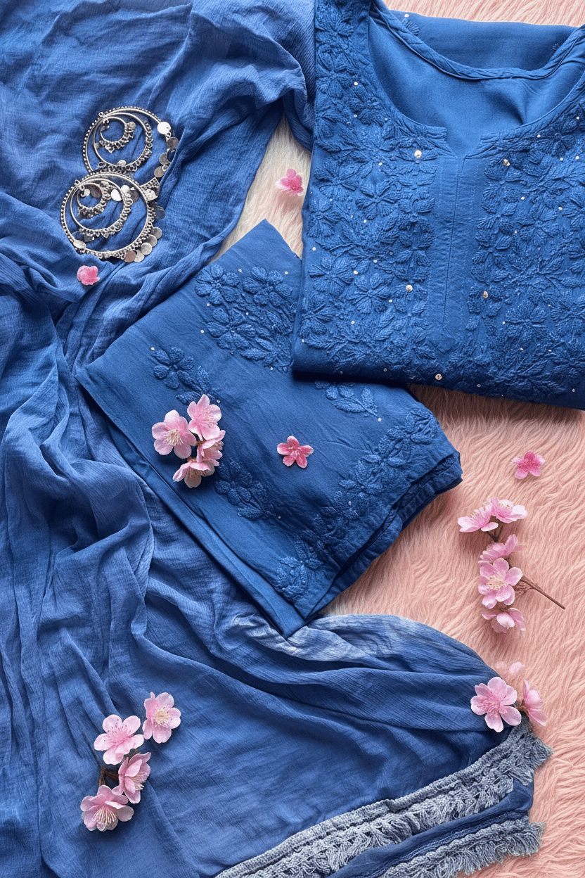 Zoya 3pc Set Golden Muqaish Work Chikankari Hand worked