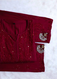 Zoya Muqaish Maroon Long Rayon Kurta with Plazzo - Chikankari official